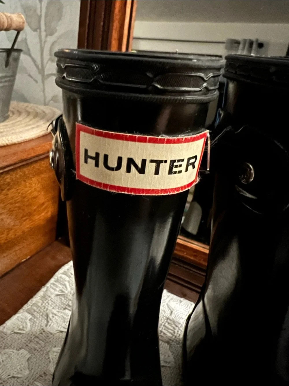HUNTER Classic High Gloss Preppy Riding Outdoor Rain Boots Black Kid's Sz 8‎ GUC